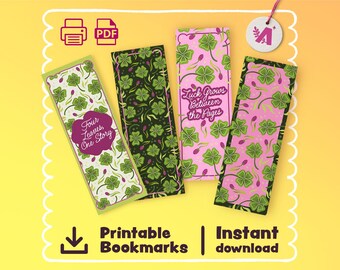 Marcapáginas imprimibles de trébol de la suerte (4 en PDF) / Regalo de lectura de trébol de cuatro hojas / Descarga instantánea