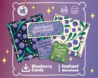 Tarjetas de arándanos imprimibles: papelería digital original para diarios y regalos / Descarga instantánea / 5 diseños con temática de bayas (PDF)