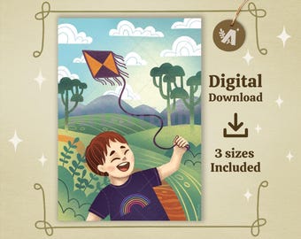 Impresión digital de arte veraniego: Cometas alegres volando, póster imprimible para pared, tamaño A4, A5 y A6, ideal para la habitación de los niños o la decoración del hogar.