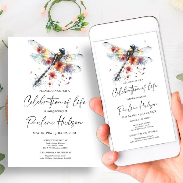 Editable Dragonfly Funeral Invitation Template, Celebration of life Invitation, Funeral Announcement Card, Printable Memorial Service Invite