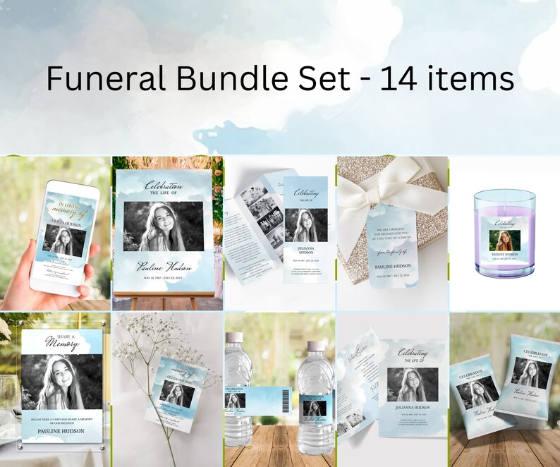 Stylish Blue Funeral Template Bundle, Blue Memorial Stationery Set ...