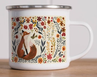 Fox And Bird Floral Enamel Mug 12oz,Nature Lovers,Camping Mug,Outdoor Cup,BBQ Coffee mug,Gardeners Mug,Safety Childrens Mug,Hiking Trip Mug