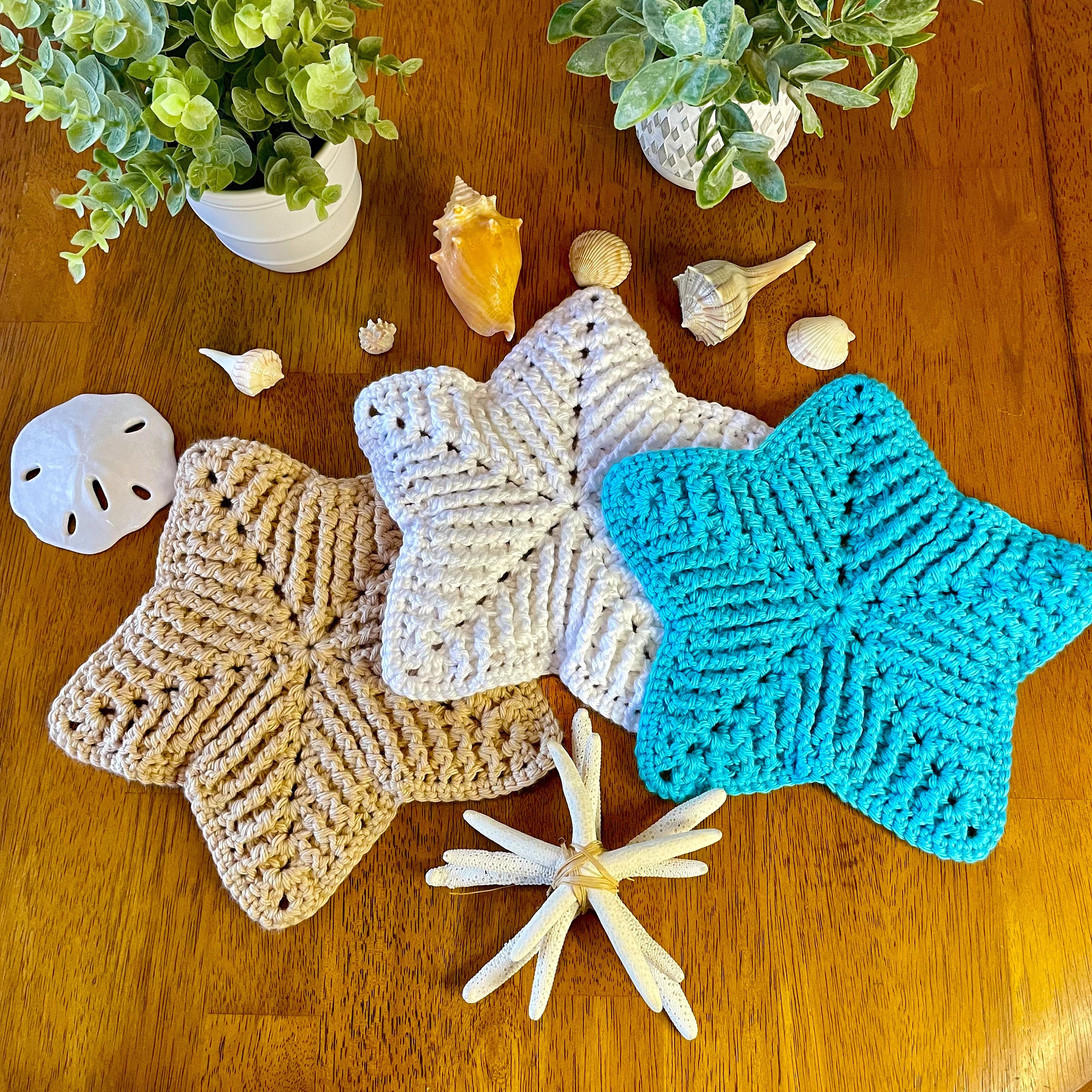 Crocheted Starfish Cloths (Set of 3): Coastal Decor Washcloths