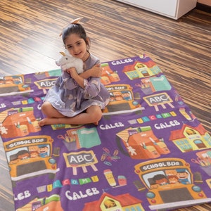 Personalized School Bus Blanket, Custom Back to School Blanket, Customized School Sherpa Gift, Kids All Over Print Throw, Gift for Student