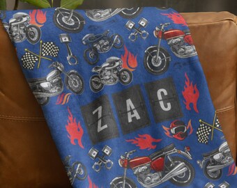 Personalized Motorcycle Minky Blanket, Race Car Sherpa Throw, Custom Name Kidsroom Bedding, Motorcycle Lover Blankie, Gift from Grandma
