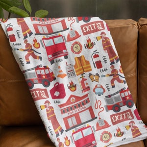 Cobertor personalizado de caminhão de bombeiros, cobertor personalizado de bombeiro, cobertor com nome personalizado, decoração moderna de quarto infantil de bombeiro, presente de aniversário personalizado para menino