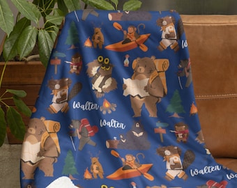 Personalized Camping Blanket, Custom Name Camp Theme Blanket, Customized Hobby Gift, Campers Throw, Camp Fire Throw, Gift to Camping Lovers