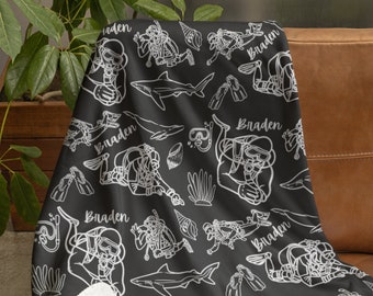 Personalized Scuba Diving Blanket, Customized Diving Blanket, Custom Name Blankets, Deep Sea Snorkeling Throw, Ocean Marine Life Decor