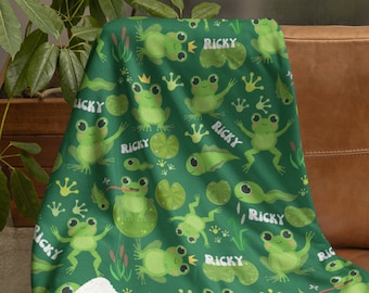 Personalized Cartoon Frog Blanket, Custom Frogs Kids Bedding, Custom Name Cartoon Throw, Cute Frog Minky Blanket, His Back to School Gift