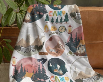 Personalized Camping Blanket, Custom Name Camp Theme Blanket, Customized Hobby Gift, Campers Throw, Camp Fire Throw, Gift to Camping Lovers