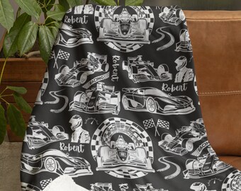 Manta de coche de carreras personalizada, ropa de cama personalizada para aficionados a las carreras, manta de carreras con nombre personalizado, regalo de cumpleaños para amantes de los coches de carreras, regalo especial para papás