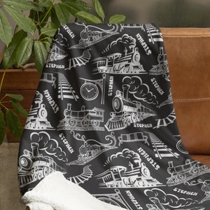 Personalized Train Blanket, Custom Name Throw, Train Station Print Blanket, Train Model Lover Gift, All Over Print Wagon Throw for Kids Room