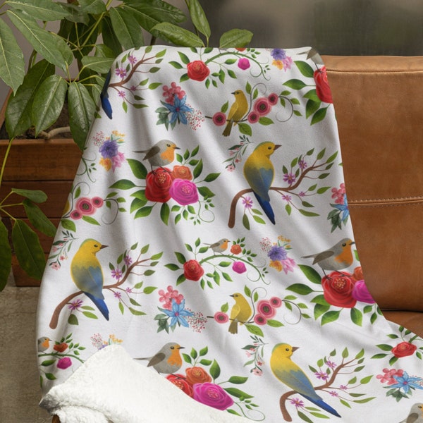 Personalized Birds Blanket, Customized Name Blanket, Custom Birds and Flowers Blanket, Trendy Bedroom Decoration, Minky Sherpa Blanky Gift