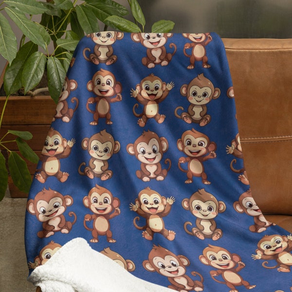 Personalized Cute Monkey Blanket, Cozy Monkey Blanky, Best Animal Gift, Birthday Gift for Best Friend, Animal Lover, Trendy Kidsroom Decor