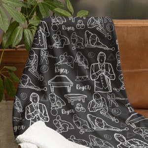 May include: Black and white patterned fleece blanket with a repeating design of a person playing pool, pool balls, and the word "Roger".
