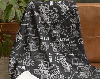 Manta Sherpa personalizada para equipo de filmación, regalo personalizado para amantes del cine, manta personalizada con nombre de cineasta, regalo de director de cine, regalo personalizado para camarógrafo