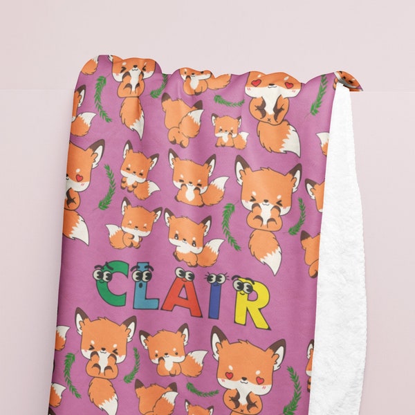 Custom Fox Blanket, Cute Fox Minky Blanket, Cartoon Fox Sherpa Blanket, Personalized Blanket, Fox Receiving Blanket, Trendy Kidsroom Decor
