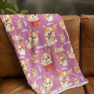 Personalizowany koc Corgi, spersonalizowany koc Corgi, spersonalizowany koc dla psa, koc z nadrukiem kreskówkowym z psem, prezent urodzinowy dla dzieci, zakup świąteczny