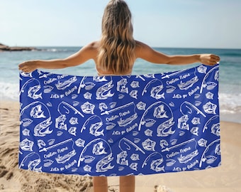 Toalla de playa personalizada con diseño de peces, toalla de playa con forma de pez, toalla de playa personalizada para niños, toalla de mano con nombre personalizado, regalo para las vacaciones de verano.