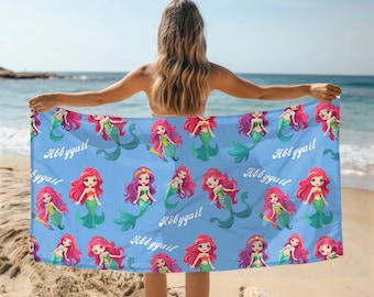 Custom Mermaid Beach Towel, Personalized Mermaid Hand Towel, Soft Polyester Gift, Mermaid Lover Gift, Custom Name Throw, Cozy Fleece Blanket