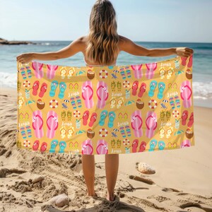 Personalized Flip Flop Beach Towel, Custom Sandals Beach Throw, Beach Flip-Flop Kidsroom Decor, Summer Vacation Gift, Custom Name Girls Trip