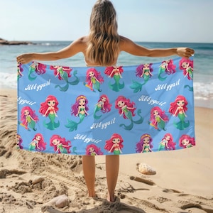 Custom Mermaid Beach Towel, Personalized Mermaid Hand Towel, Soft Polyester Gift, Mermaid Lover Gift, Custom Name Throw, Cozy Fleece Blanket