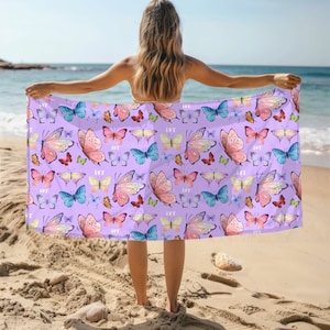 Personalized Butterfly Beach Towel, Butterflies Beach Towel, Customized Beach Towel for Kids, Personalized Name Hand Towel, Vacation Gift
