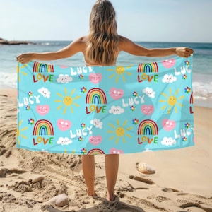 Personalized Summer Beach Towel, Sunny Beach Towel, Customized Beach Towel for Kids, Personalized Name Hand Towel, Summer Vacation Gift