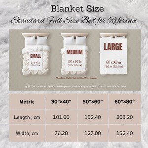 May include: A chart showing the different sizes of blankets in inches and centimeters. The chart includes the blanket sizes: 30" x 40", 50" x 60", and 60" x 80".