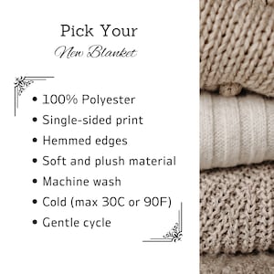 Pu&ograve; includere: Primo piano di una pila di coperte morbide e soffici. Le coperte sono realizzate in 100% poliestere e hanno una stampa su un solo lato. Sono lavabili in lavatrice a freddo con un ciclo delicato.  Scegli la tua nuova coperta.