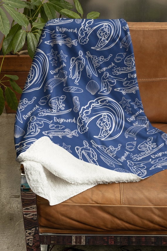 Personalized Surfing Blanket, Custom Surfer Minky Blanket, Customized Beach Themed Sherpa Blanket, Bday Gift for Him, Father's Day Gift