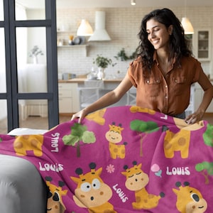 Personalized Giraffe Blanket, Custom Baby Giraffe Blanket, Customized Cartoon Giraffe Throw, All Over Animal Print Throw, Kidsroom Bedding