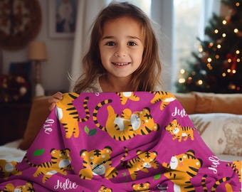 Personalized Tiger Blanket, Custom Name Little Tiger Gift, Customized Animal Lover Blanket, Cute Chibi Jungle Nursery Decor, Soft Sherpa