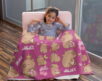 Personalisierte Capybara-Decke, benutzerdefinierte Capybara-Decke, maßgeschneiderte Cartoon Capybara-Wurf, All Over Print-Wurf, Schlafzimmerbettwäsche, Mädchengeschenk