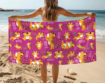 Aangepaste tijger strandlaken, zomervakantie handdoek, aangepaste handdoek, aangepaste naam handdoek, zomervakantie cadeau, schattige tijger reizend cadeau
