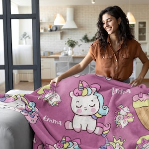 Personalized Unicorn Blanket for Kids, Custom Name Nursery Fleece for Newborn, Special Gift for Cozy Holiday, Unicorn Name Minky or Sherpa