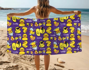 Custom Name Duck Beach Towel, Summer Vacation Gift, Vacation Essentials, Personalized Duck Hand Towel, Custom Name Kids Beach Towel