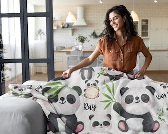 Personalized Panda Blanket, Custom Baby Panda Blanket, Customized Panda Bear Throw, All Over Print Throw, Kidsroom Bedding, Gift for Kids