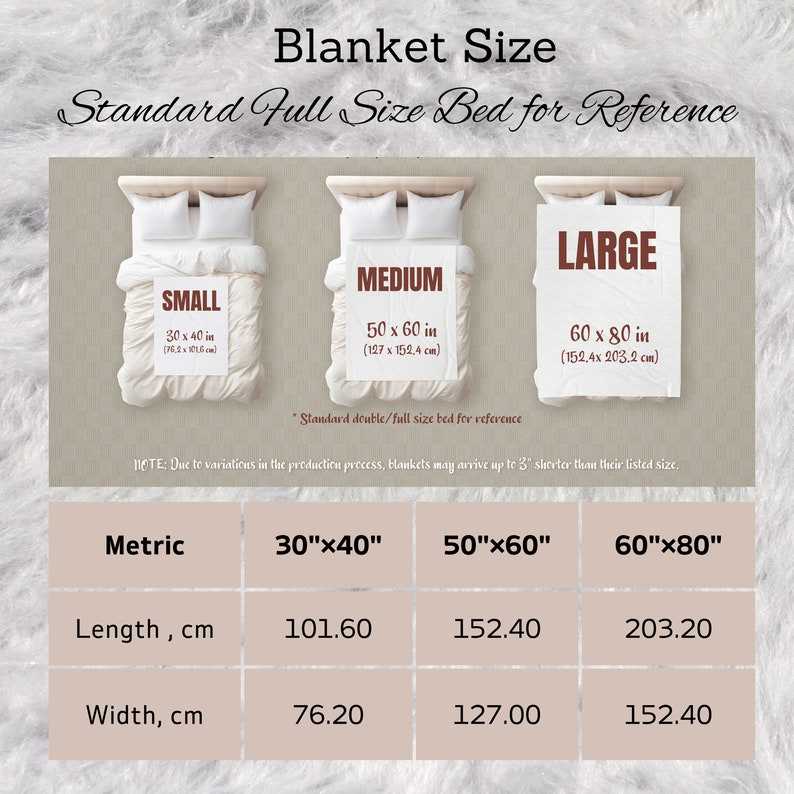 Pu&ograve; includere: Un grafico che mostra le diverse dimensioni delle coperte in pollici e centimetri. Il grafico include le misure per le coperte piccole, medie e grandi. Il grafico include anche le misure della lunghezza e della larghezza di ogni dimensione di coperta in centimetri.