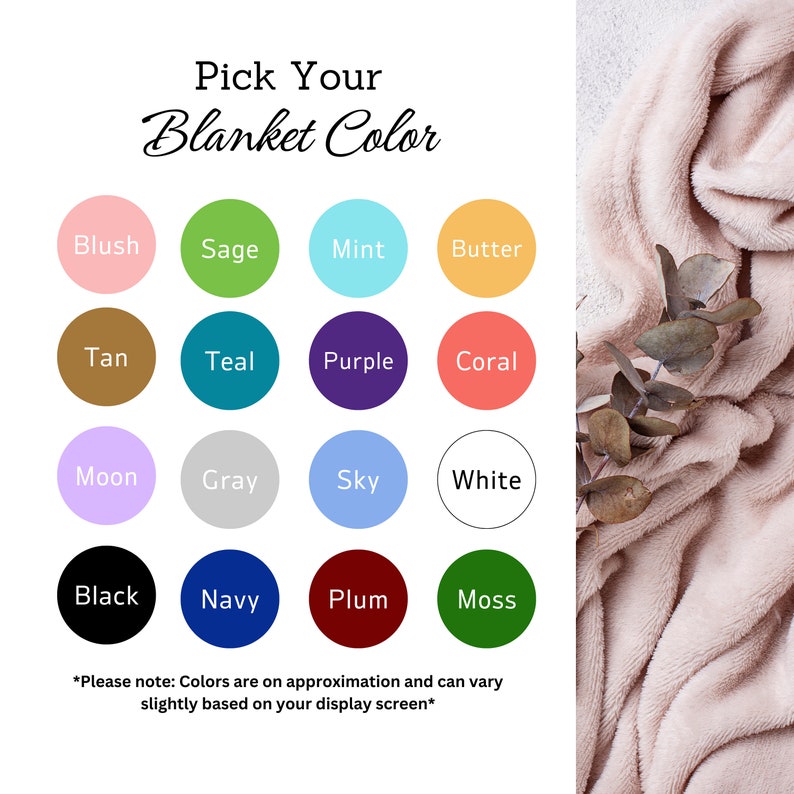 Pu&ograve; includere: Un grafico con 16 campioni di colore, che mostra diversi colori per le coperte. I colori sono: Blush, Sage, Mint, Butter, Tan, Teal, Purple, Coral, Moon, Grey, Sky, White, Black, Navy, Plum e Moss. Il testo nella parte superiore del grafico dice: "Scegli il colore della tua coperta".