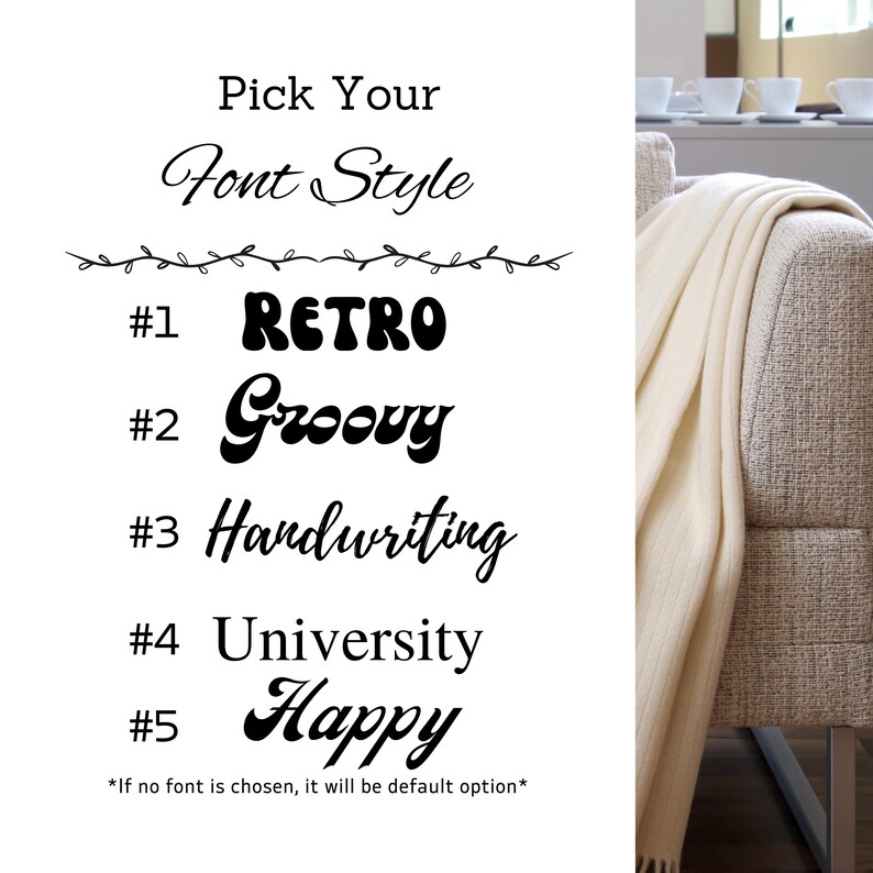May include: A white background with black text that reads "Pick Your Font Style" and lists five different font styles with numbers 1 through 5. The font styles are "Retro", "Groovy", "Handwriting", "University", and "Happy".
