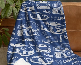 Manta personalizada con estampado de coche deportivo, manta de carreras personalizada, manta Minky personalizada, manta Sherpa para habitación infantil, regalo de cumpleaños para niños.