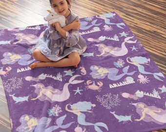 Personalized Mermaid Blanket, Custom Name, Soft Polyester Gift, Mermaid Lover Gift, Custom Name Sea World Throw, Print Cozy Fleece Blanket