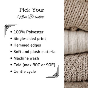 May include: A stack of beige knitted blankets with a list of features: 100% Polyester, Single-sided print, Hemmed edges, Soft and plush material, Machine wash, Cold (max 30C or 90F), Gentle cycle.
