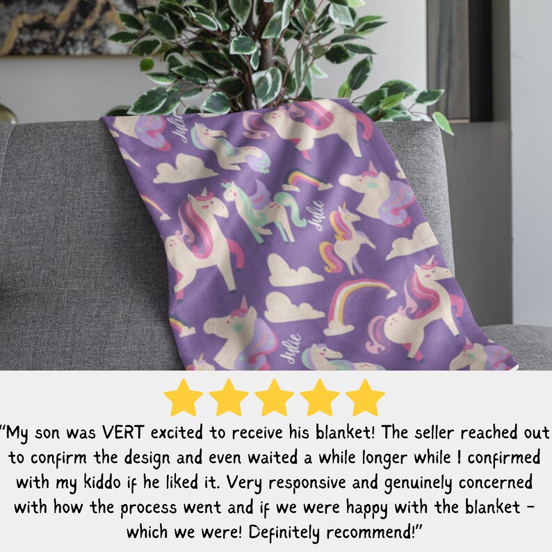 Customized Unicorn Blankie, Personalized Retro Unicorn Blanket, Magical Unicorn Throw, Birthday Gift to Granddaughter, Bday Gift for Her image 2