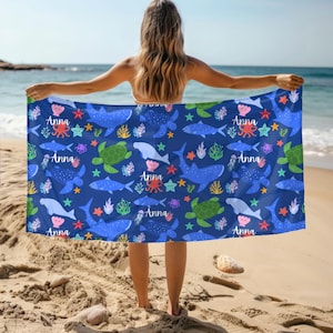 Personalized Sea Animals Beach Towel, Summer Beach Towel, Customized Sea Life Towel, Custom Name Hand Towel, Vacation Gift, Giftful Gift