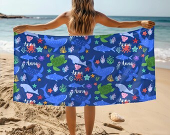 Toalla de playa personalizada con animales marinos, toalla de playa de verano, toalla de vida marina personalizada, toalla de mano con nombre personalizado, regalo de vacaciones, regalo especial