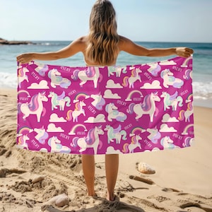 Custom Unicorn Beach Towel, Summer Vacation Towel, Customized Towel, Custom Name Hand Towel, Summer Vacation Gift, Unicorn Traveling Gift