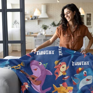 Manta de tiburones personalizada, manta de tiburones de dibujos animados personalizada, manta de animales de tiburones para bebés personalizada, manta de tiburones con estampado completo, ropa de cama para niños