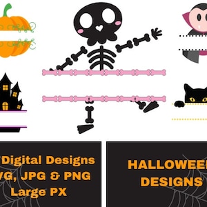 Puede incluir: Diez diseños digitales de Halloween en formatos SVG, JPG y PNG. Los diseños incluyen una calabaza, un esqueleto, un vampiro, un gato y una casa encantada. Los diseños son perfectos para crear manualidades y decoraciones de Halloween personalizadas.